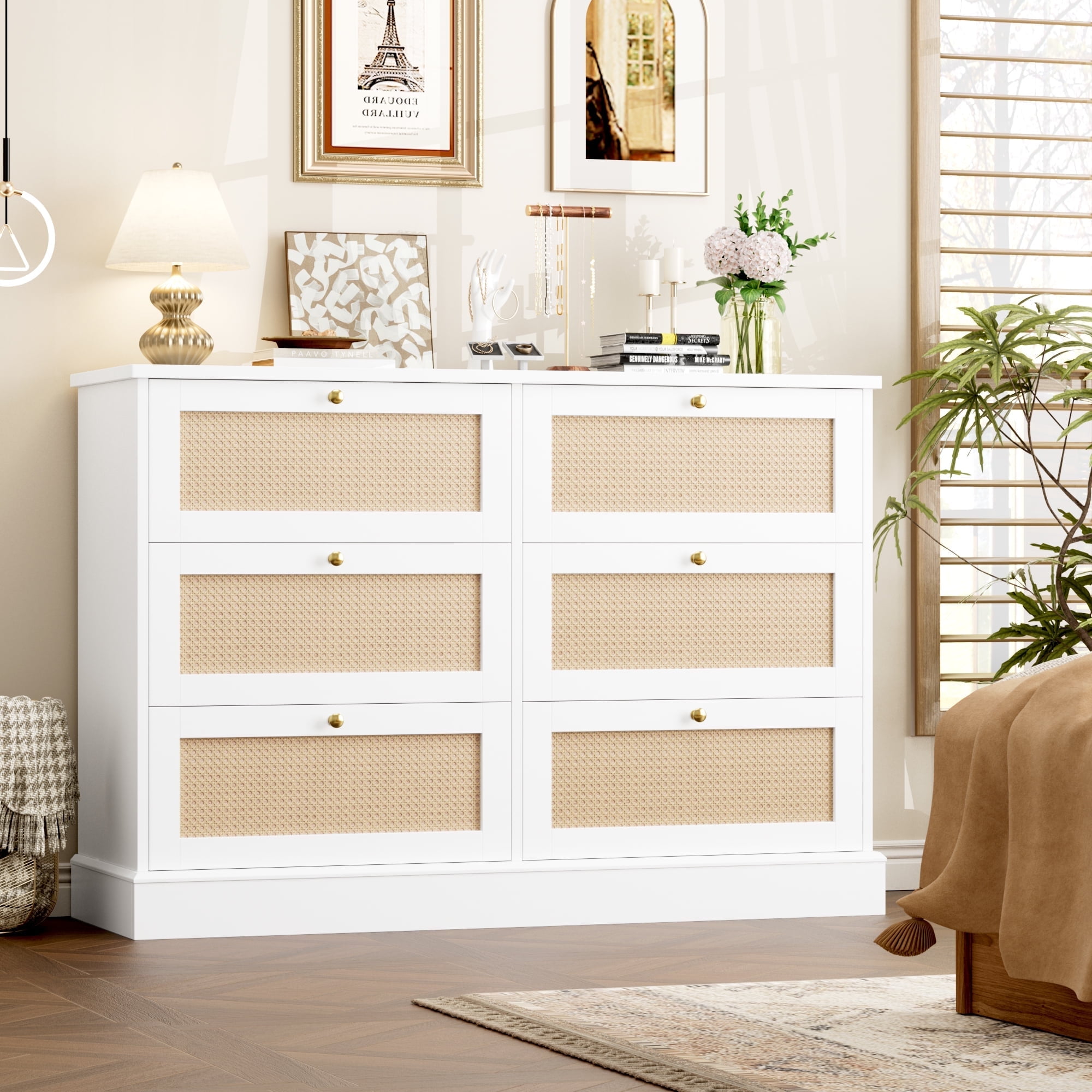 Homfa Wide Rectangle Rattan Dresser 7 Drawer Double Dresser Wicker Chest for Bedroom Walmart