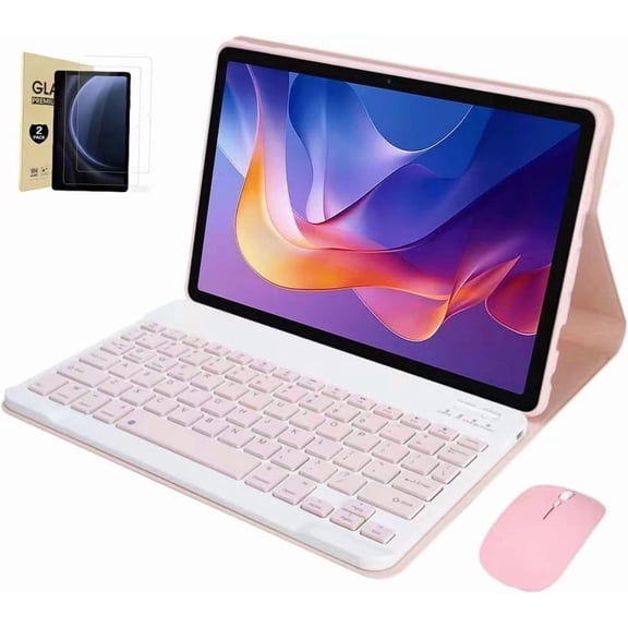 Keyboard Case for Lenovo Yoga Tab 11.1 2025, Magnetically Detachable Bluetooth Keyboard with Wireless Mouse, 2‑Pack Screen Protectors Included,Pink