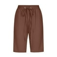 thumbnail image 4 of USSUMA Linen Shorts for Women Solid Color Bermuda Summer Fashion Elastic Waist Casual with Pocket Comfy Shorts Straight Pants Half Shorts Linen Wide Legs Shorts for Women Brown L, 4 of 5