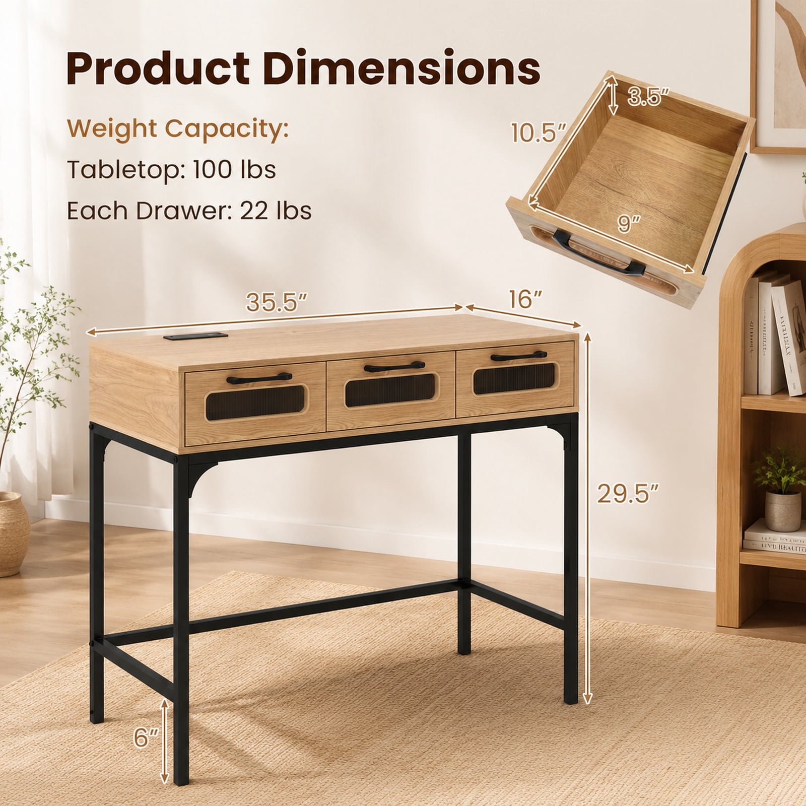 Furnibear Console Table with LED Lighting and Charging Station Entryway Table with Drawers for Living Room Hallway Sofa, Natural