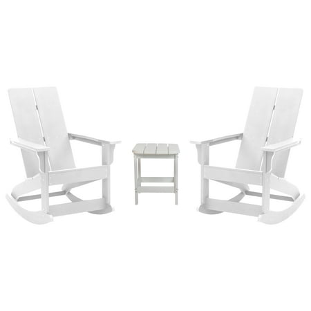 Flash Furniture Finn 3-Piece Adirondack Rocking Patio Chair and Side Table Set White