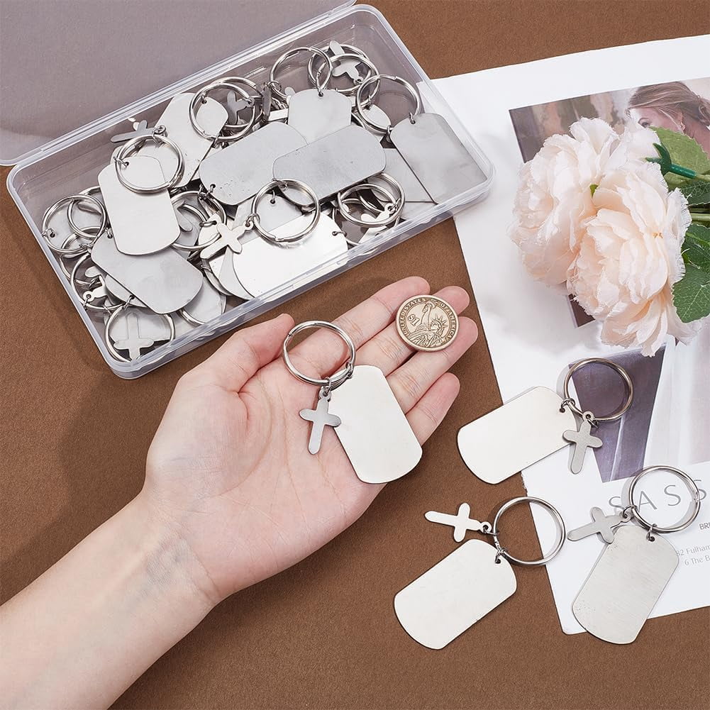 30Pcs Engravable Metal Keychain Blanks Stainless Steel Tags Metal Keychain Blanks Stainless Steel Blank Dog Tags DIY Name Tag for Craft Decorative Unfinished Hanging Tag