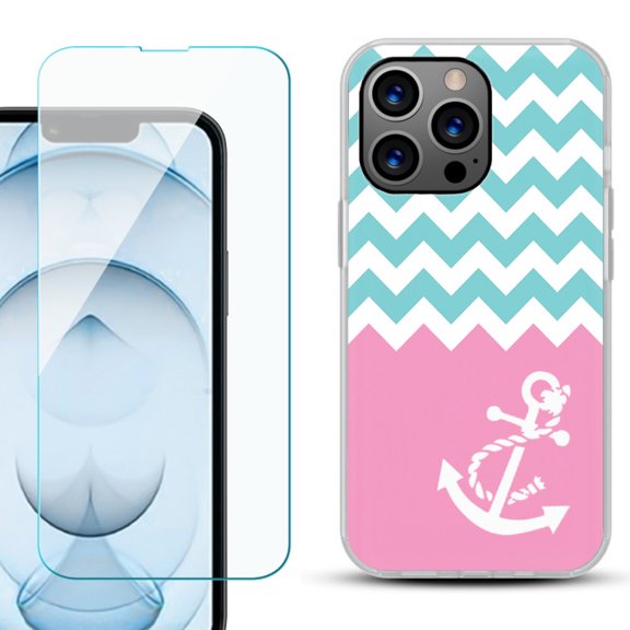 Slim-Fit Gel TPU Phone Case for iPhone 13 Pro Max, with Tempered Glass Screen Protector, by OneToughShield ® - Chevron/Anchor