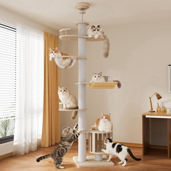 JaxShark 6-Tier Adjustable 79-114 in Floor to Ceiling Cat Tree with Bubble Bed, Hammock & Sisal Posts, White