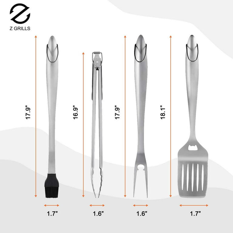 Kaluns Grill Set, Heavy Duty Thick Stainless Steel Grilling Utensils 5  Piece Grilling Set, Tong, Fork, Spatula, Basting Brush Extra Long Grill