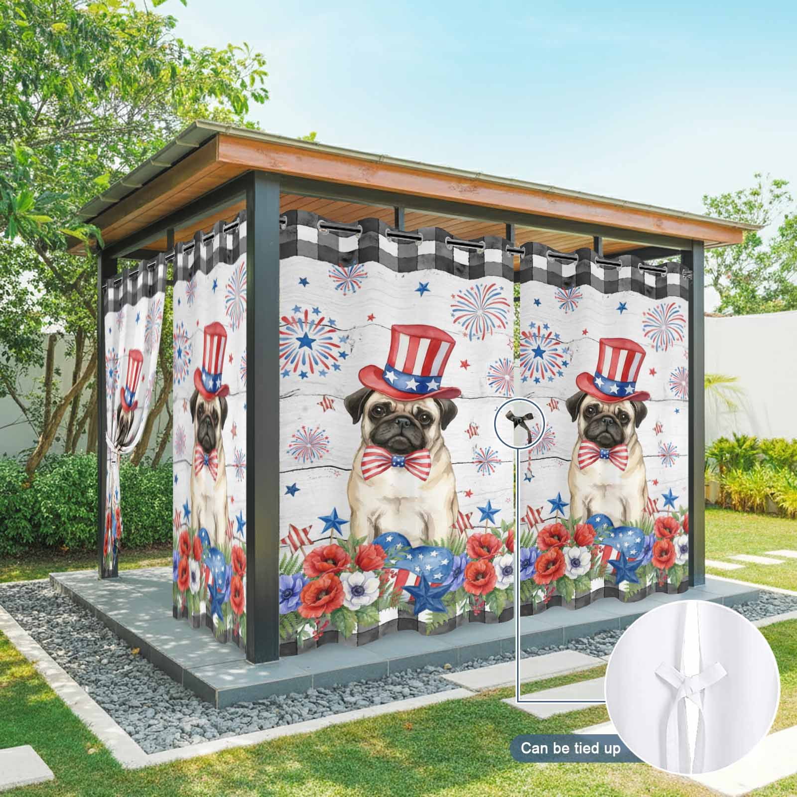 Independence Day Outdoor Curtains for Patio, Cartoon Pug Dog Cute Puppy Colorful Poppy Wood Grain Sunshade Privacy Drapes Grommet Waterproof Outside Curtains for Porch Balcony 54"x108", 2 Panel