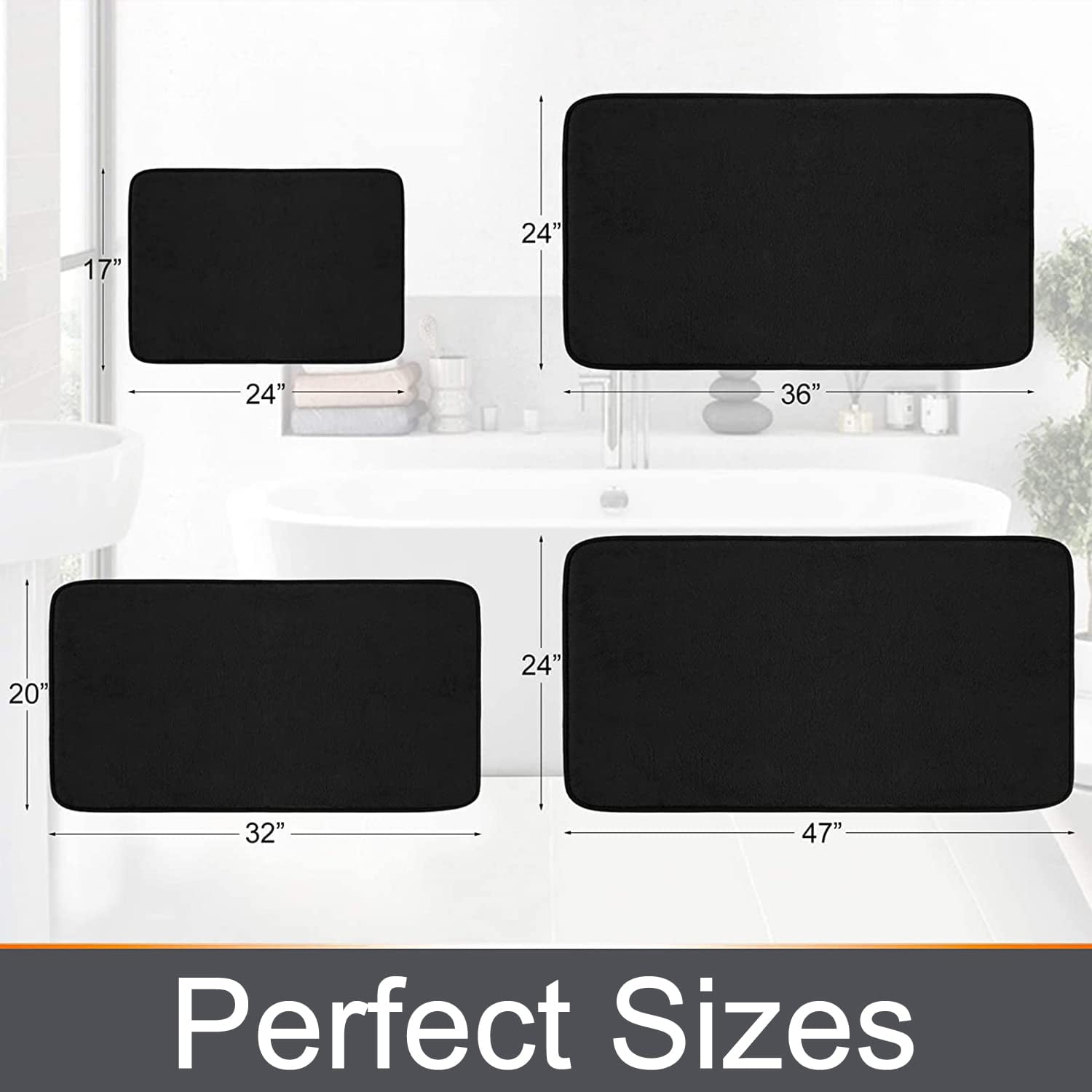 Buganda Memory Foam Bathroom Rugs, Absorbent Non-Slip Bath Mat for Bathroom, Soft Washable Bath Rug, 24"×47", Black