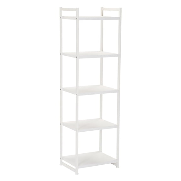 Scandinavian White Narrow 5-Shelf Open Storage Bookshelf Metal Frame With Wood-Look Shelves