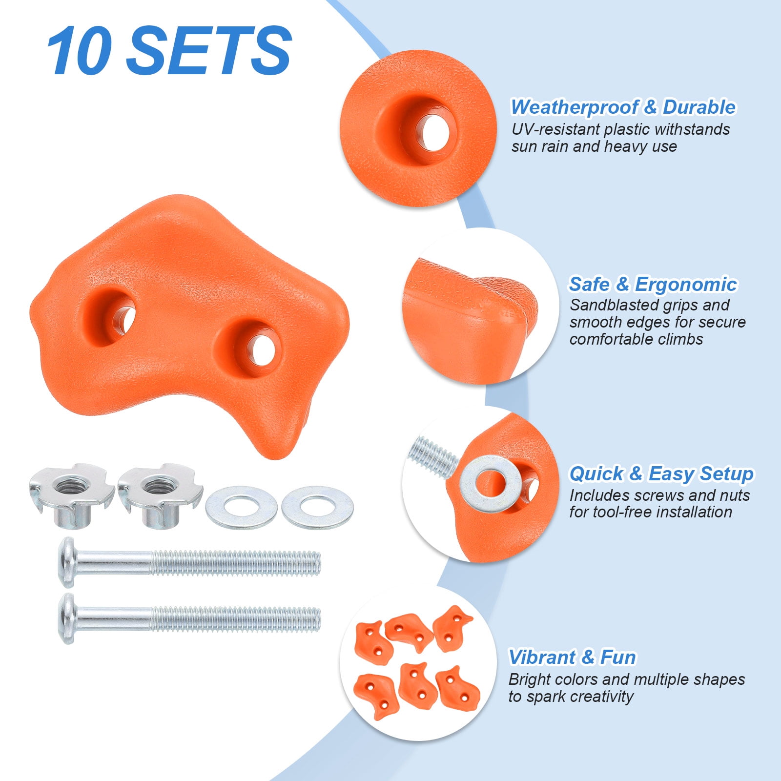 Rock Climbing Holds, 10 Pcs Large Climbing Rock Wall Grips with Double Hole for Playground Accessory, Orange Red-C