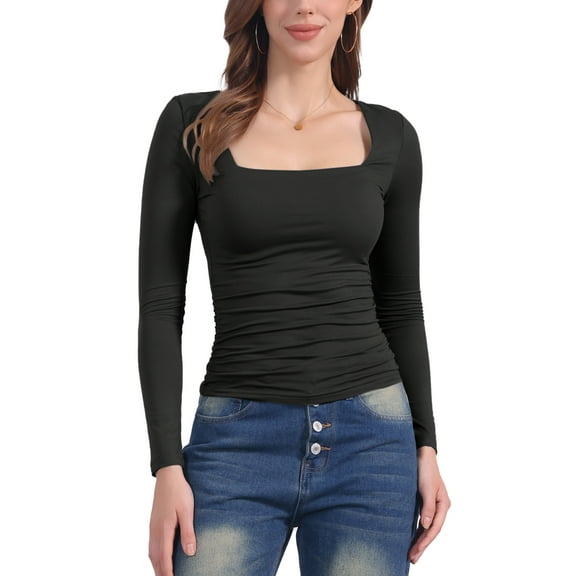 Women's Square Neck Tops Long Sleeve Shirred Fitted Stretch Casual Basic Blouse S Black