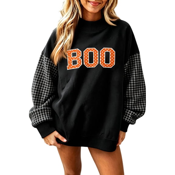 IAJDKMEK Womens Sweatshirt Halloween Print Top — Round Neck Loose Long Sleeve, Fall Tops for Women Festive Pullover,Black L