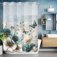 thumbnail image 6 of No Hook Shower Curtains with Snap-in Liner Set, Teal Tulip Butterfly Waterproof Hotel Style Bathroom Shower Curtain, Beige Turquoise Floral Farmhouse Blue Breathable Mesh Top Bath Curtains 60''x72'', 6 of 9
