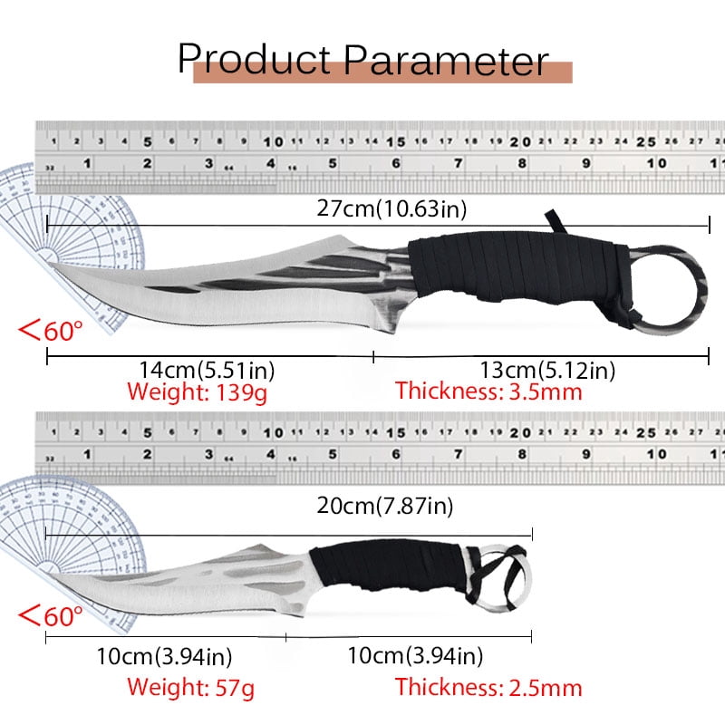 2-Piece Fixed Blade Hunting Knives, Full Tang Wrapped Handle Ring Tactical Knife Set with Sheath