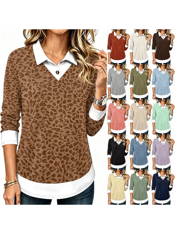Womens 2-in-1 Polo Shirt Leopard Print Patchwork Fake Two Piece Tunic Tops for Women V Neck Collared Layered Long Sleeve Shirt Women Work Office Fall Teachers Outfits