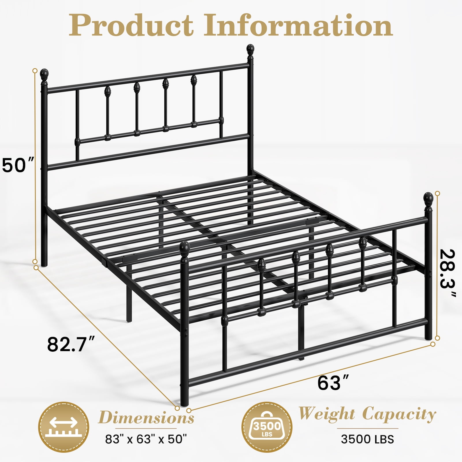 LEVELEVE 14 Inch Queen Size Metal Platform Bed Frame with Headboard and Footboard, Victorian Vintage Style, Underbed Storage, No Box Spring Needed, Easy Assembly, Black