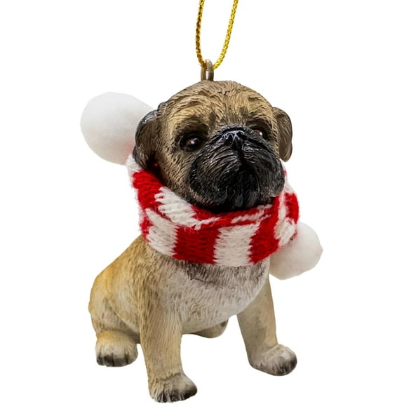 Pug Dog Puppy with Candy Cane Scarf Christmas Tree Ornament