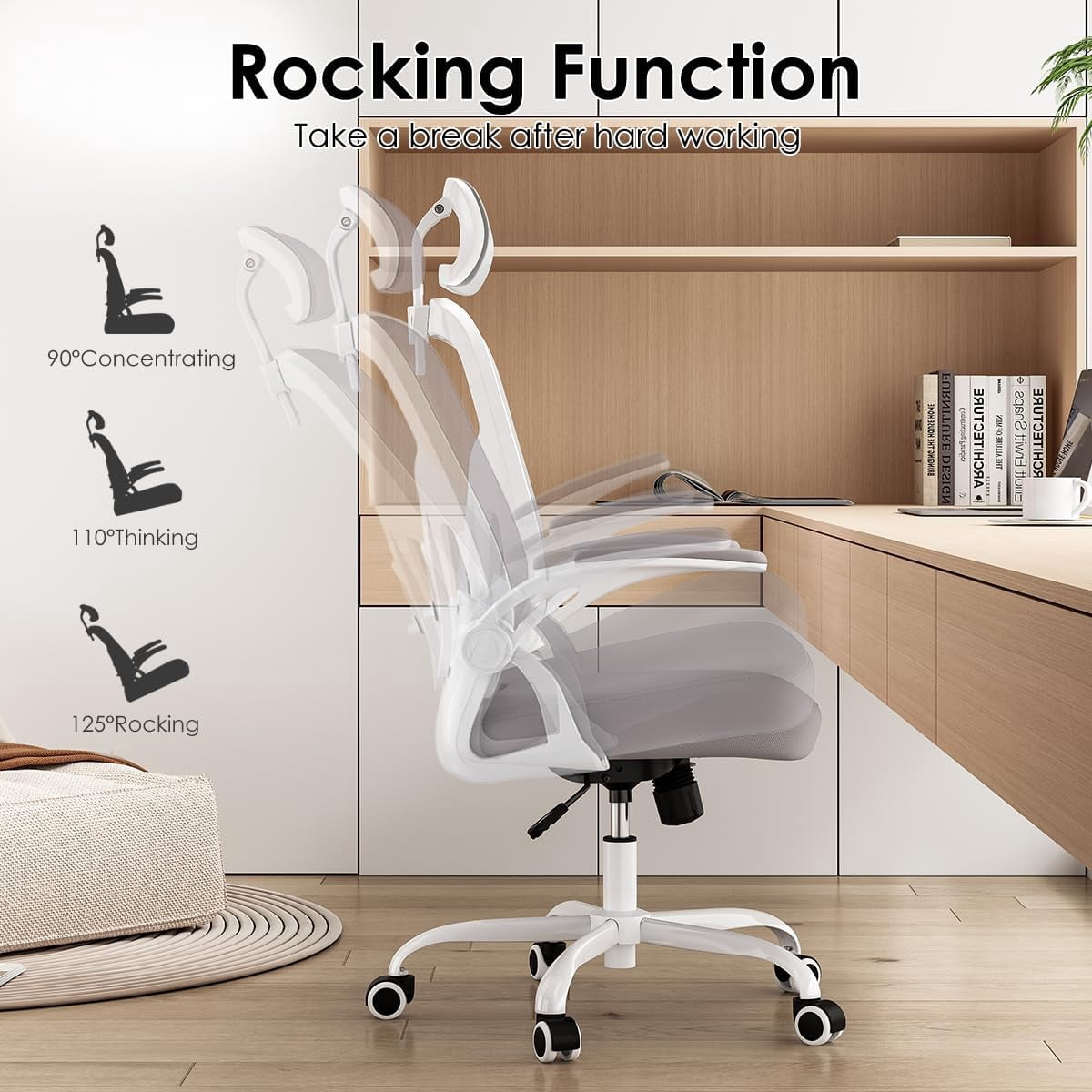 STARY Ergonomic Mesh Office Chair with Headrest, Tall Reclining Computer Chair with Adjustable Lumbar Support and Adjustable Arms for Home Office, White & Gray