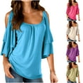 thumbnail image 6 of gakvbuo Cold Shoulder Tops For Women Summer Blouses Tunics Tops Women's Summer Printing Short Sleeve Strappy Cold Shoulder T-Shirt Tops Blouses, 6 of 6