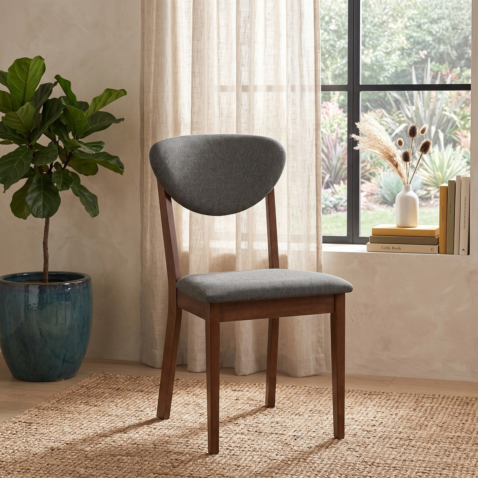 Furnibear Wooden Dining Chairs Set of 4, Upholstered Side Chairs with Cushioned Linen Seat and Curved Backrest, Solid Rubber Wood Frame, 330 lbs Capacity for, Gray