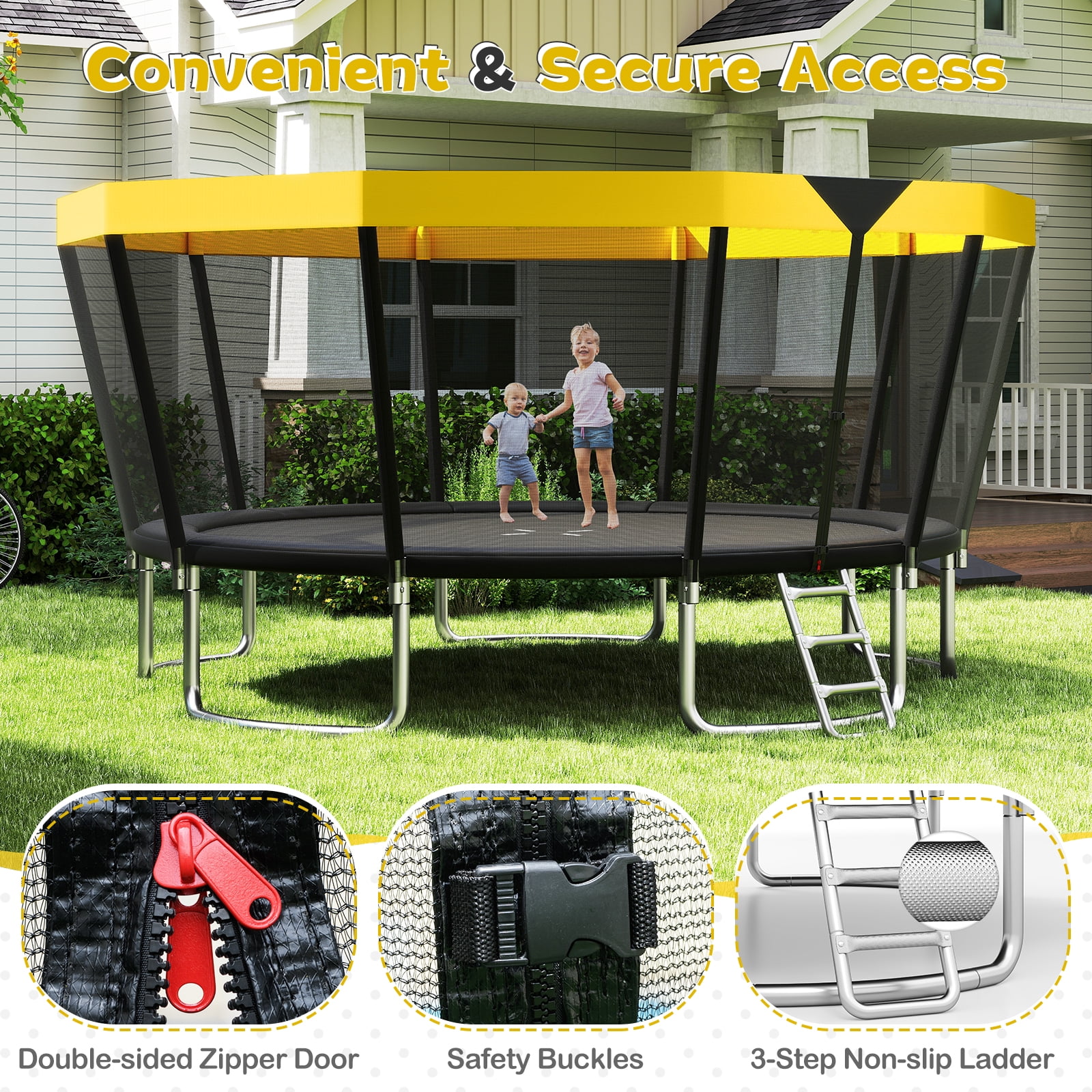 Gymax 15 FT Outdoor Trampoline w/Non-Slip Ladder Enclosure Net & Anti-Rust Coating Yellow & Black
