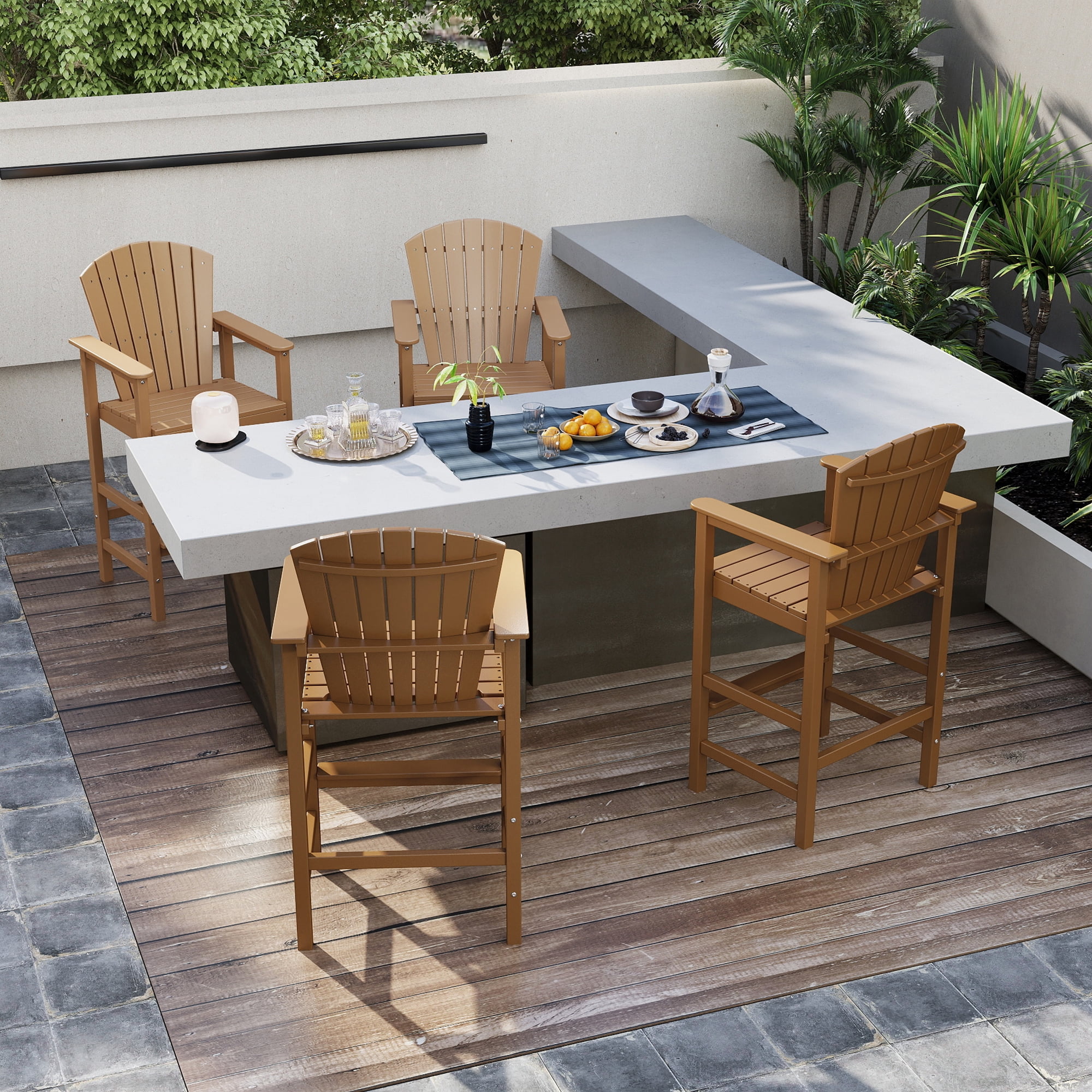 FOOWIN Tall Adirondack Chair Set of 2, HDPE All-Weather Adirondack Bar Stools with Connecting Tray,  Teak