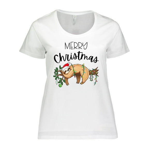 Inktastic Merry Christmas Cute Sloth with Santa Hat and Lights Women's Plus Size T-Shirt