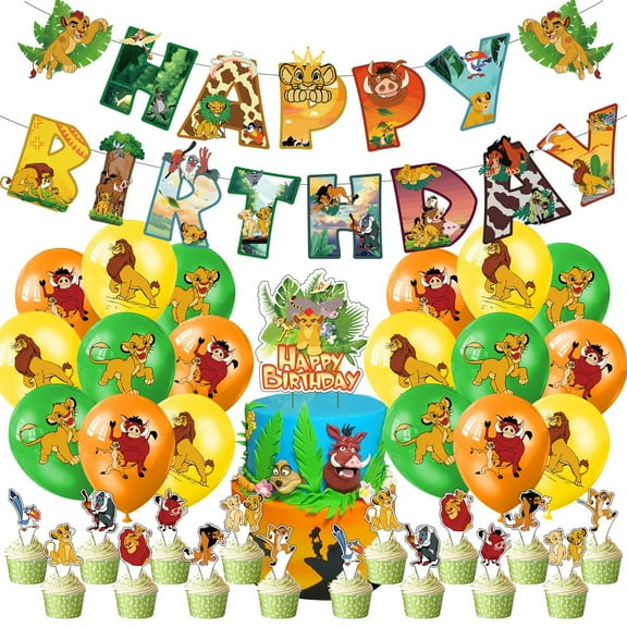 Lion King Birthday Party Decorations Theme Birthday Party Supplies Include 1pc Happy Birthday Banner, 16pcs Balloons, 12pcs Cake Toppers and 1pc Cupcake Toppers