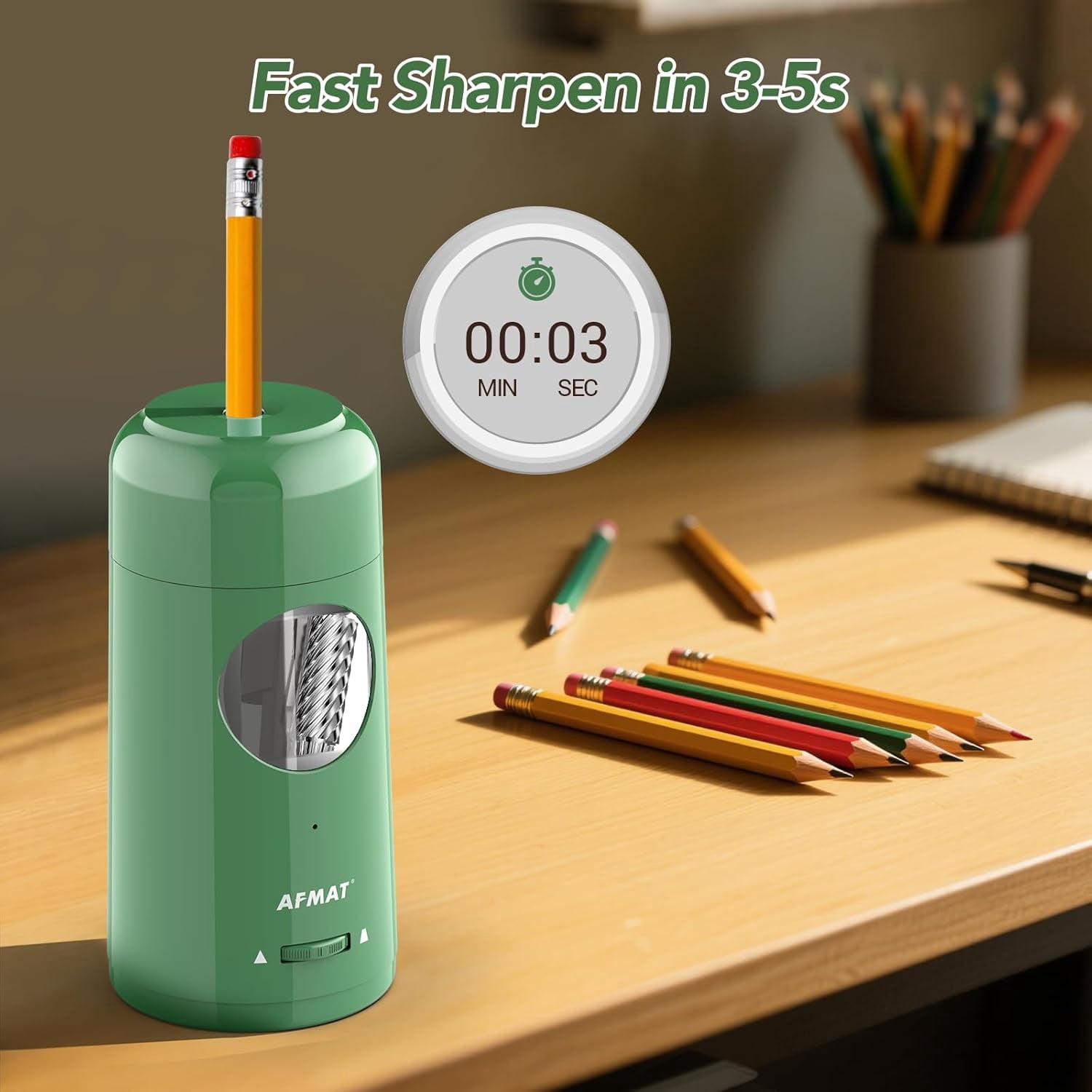 AFMAT Electric Pencil Sharpener, Rechargeable Fully Automatic Pencil Sharpener for Jumbo & Colored Pencils (7-11.5mm), Auto in/Out, Hands-Free, Portable for Home/Classroom/Office,Green