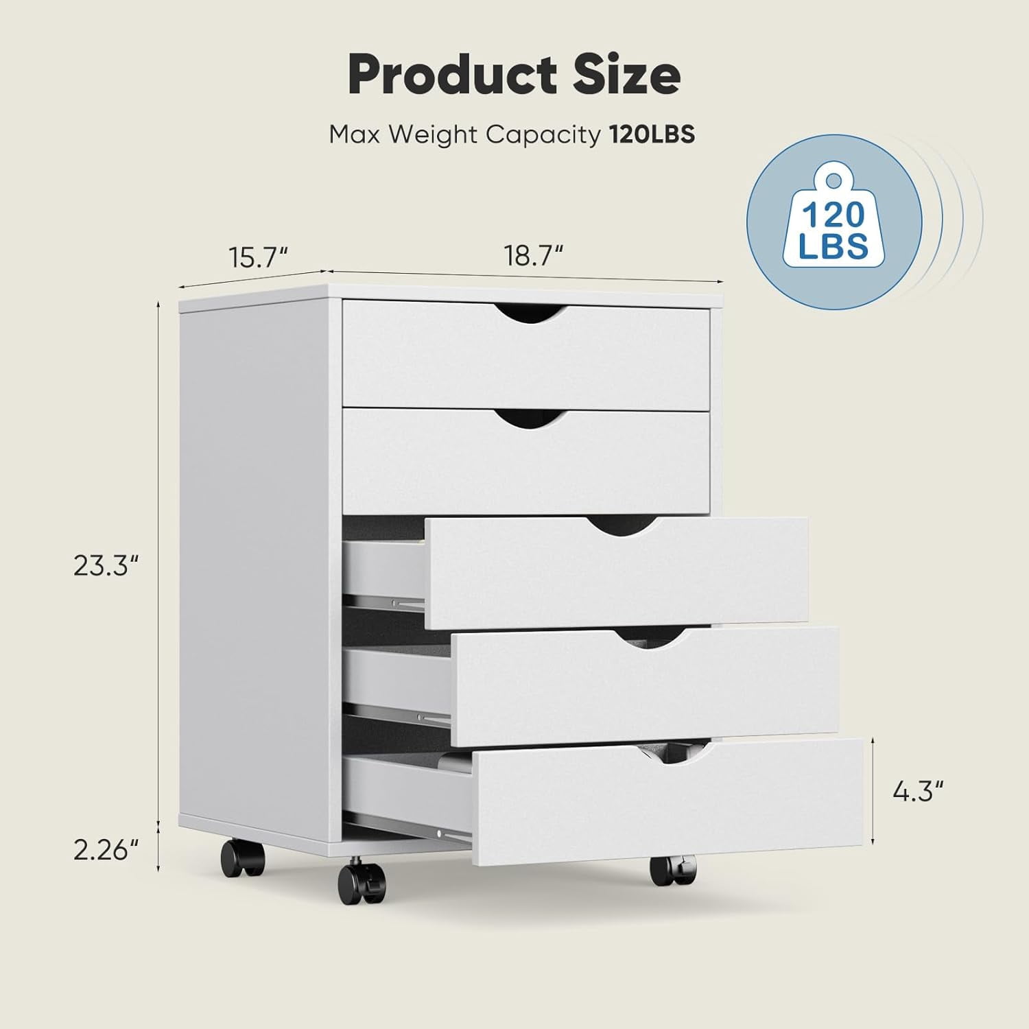 Nextay 5-Drawer Mobile File Cabinet with Wheels, Under Desk Wood Storage Organizer and Printer Stand for Home Office, 15.75"D x 18.74"W x 25.39"H