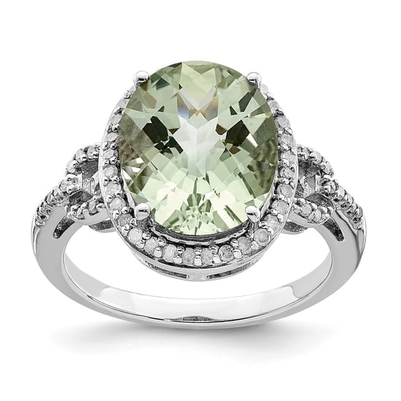 White Sterling Silver Ring Band Gemstone Prasiolite Oval Green Diamond