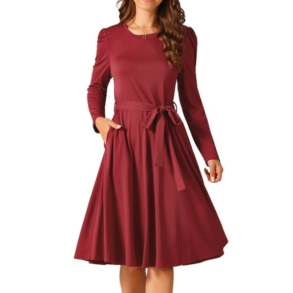 DARING DIVA Puff Long Sleeve Tie Waist Knee Length Dress S Wine Red