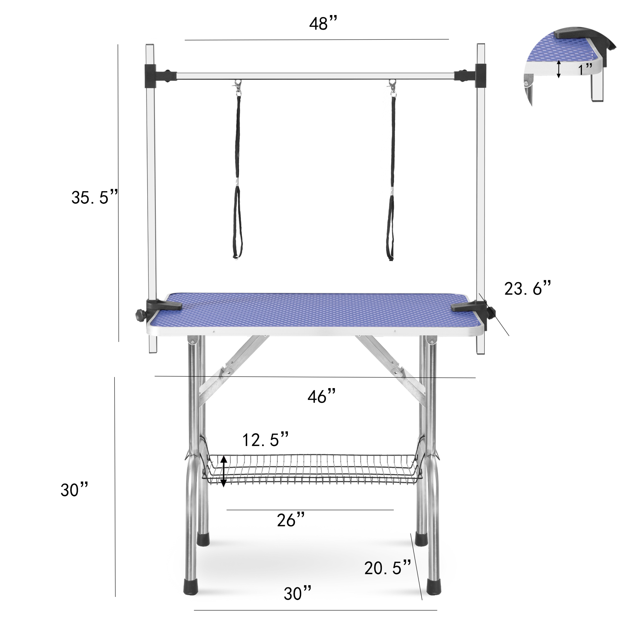 Leumius 46" Folding Pet Grooming Table with Adjustable Arm and Clamps Stainless Steel Frame for Dog and Cat Large Heavy Duty Animal Blue