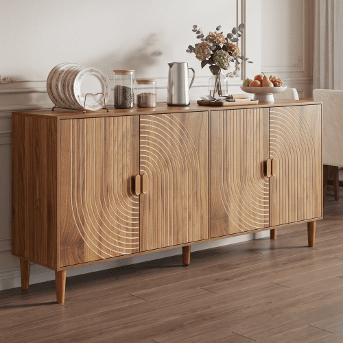 62.6" 4-Door Sideboard Buffet Cabinet, Mid-Century Modern Farmhouse Credenza with Vertical Grooved Doors, Adjustable Shelves, Accent Storage Cabinet for Dining Room, Living Room, Entryway, Walnut
