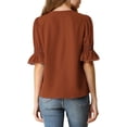 thumbnail image 3 of INSPIRE CHIC Women's Ruffled V Neck Puff Elbow Sleeve Semi-Sheer Chiffon Blouse S Brown, 3 of 8
