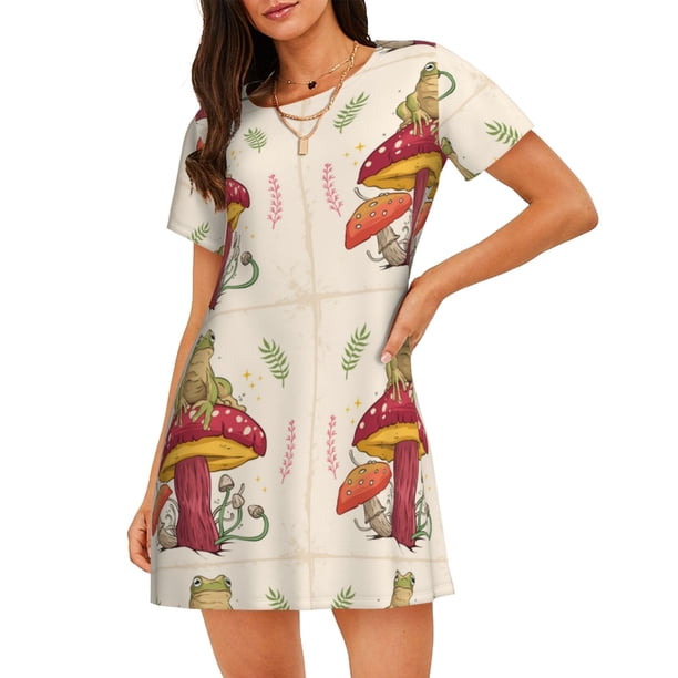 Fotbe Frog Sitting On Mushroom Bata de Dormir para Mujer con Estampado, Camisón de Algodón de Manga Corta, Ropa de Dormir Casual