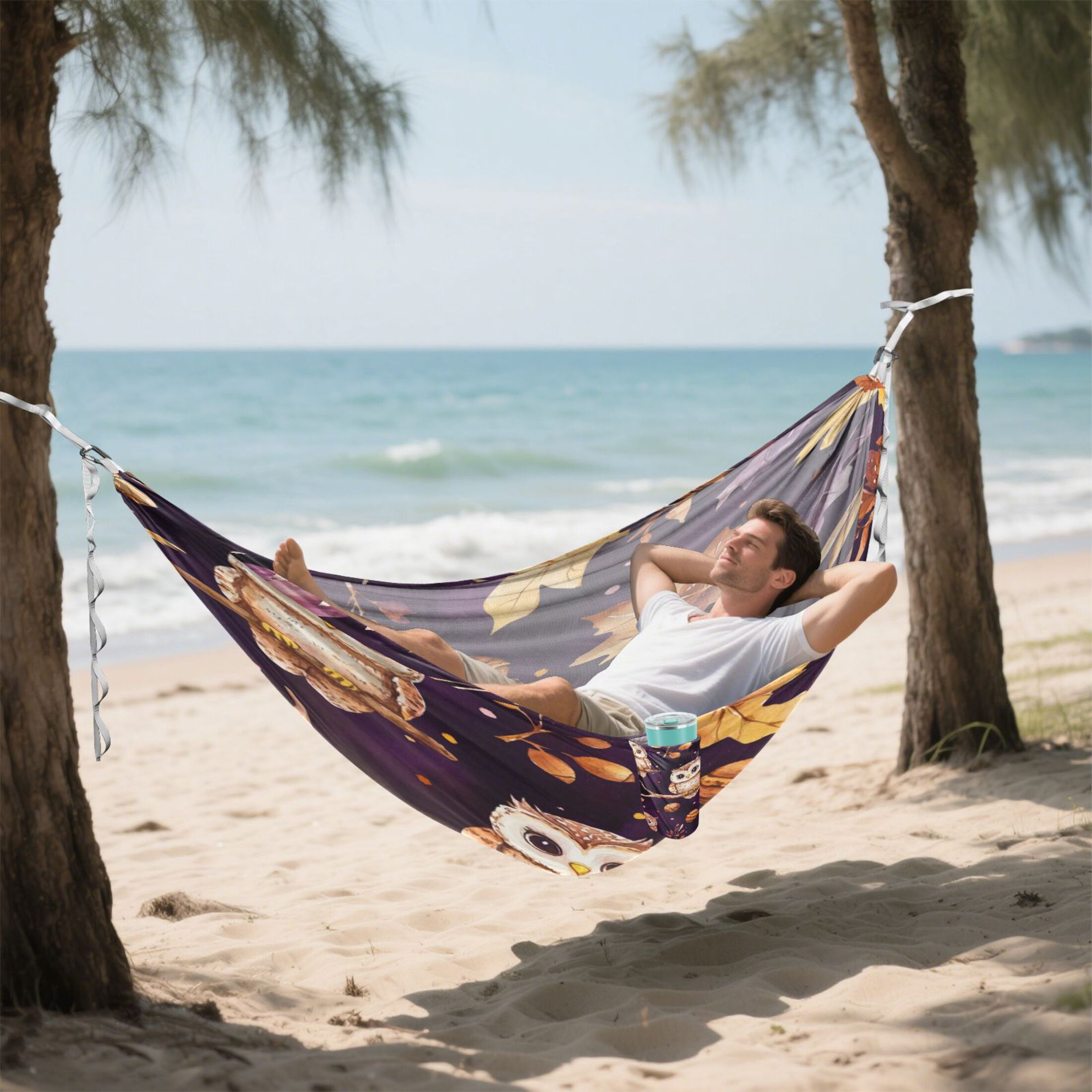 Wobogo Adorable Baby Owls and Acorns Pattern Camping Hammocks 330 lb Capacity with Tree Straps and Hanging Pockets for Outside Hiking Beach Backpack Travel