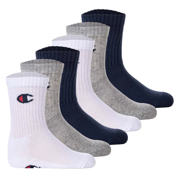 Champion Calcetines para Niños, Paquete de 3 - Crew Socks, Color sólido Azul/Blanco/Negro 27-30