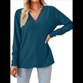 thumbnail image 2 of Blusas de Verano para Mujer con Mangas 3/4, Cuello en V, Mangas Abullonadas, Estilo Casual, con Textura Fruncida. Verde Oscuro XXL, 2 of 8