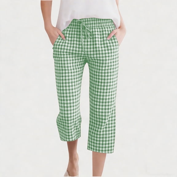 WPPGONE Toddler Girls Plaid Capri Linen Pants Gingham Elastic Waist Summer Capris with Drawstring Breathable High Waist Everyday Trousers