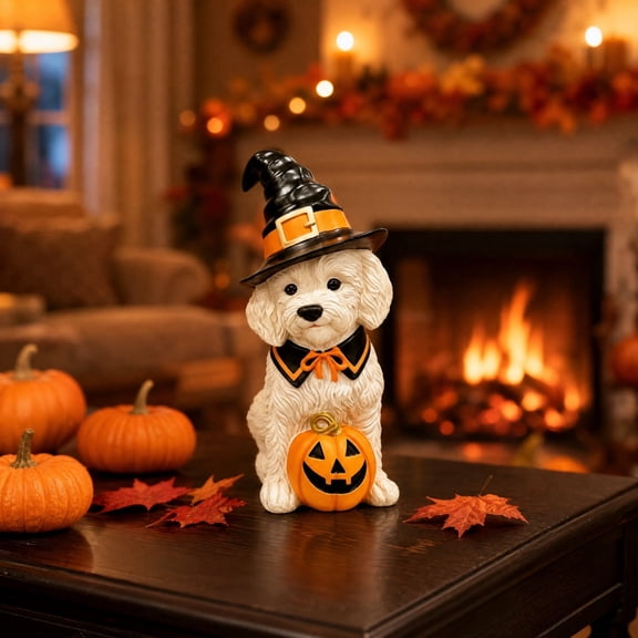 Halloween Witch Hat White Puppy Resin Statue, Cute Spooky Tabletop Figurine, Freestanding Tiered Tray Ornament For Fireplace Mantel Household Holiday Displays