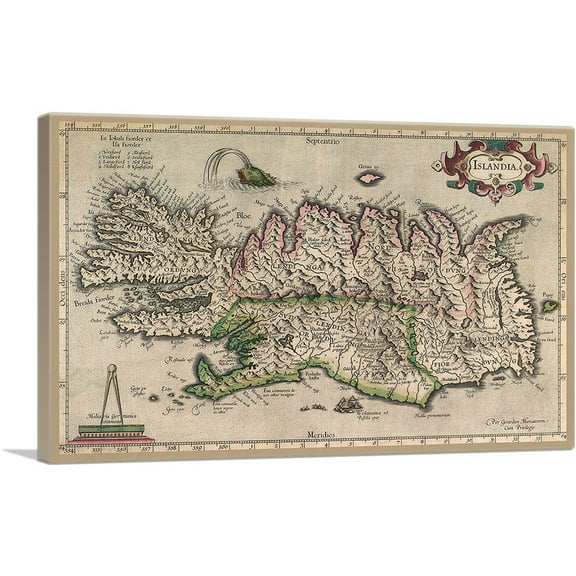 ARTCANVAS Map of Iceland 1595 Canvas Art Print by Abraham Ortelius - Size: 26" x 18" (0.75" Deep)