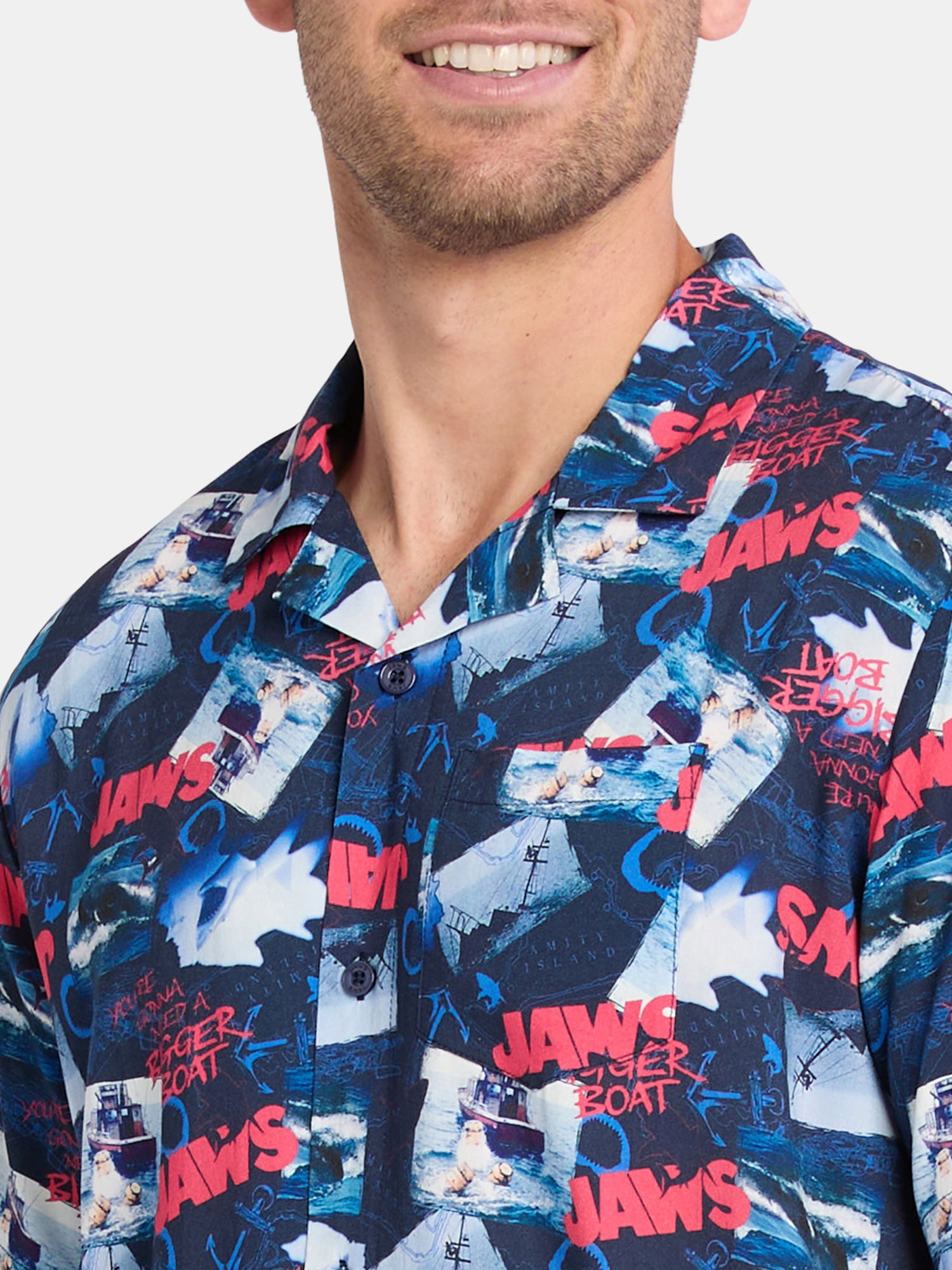 Jaws Men's Print Button Up Shirt with Short Sleeves, Sizes XS-5XL