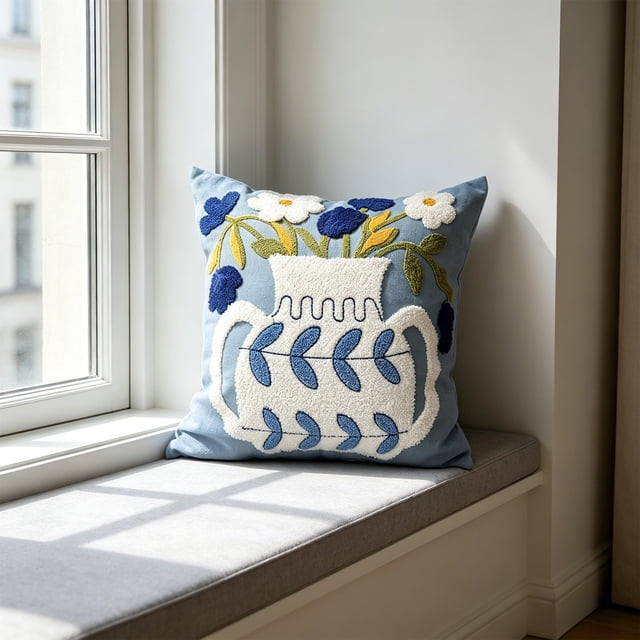 Funda de cojín decorativa bordada con diseño floral | Cojín decorativo para sofá, sala de estar, dormitorio, ventana, oficina o coche