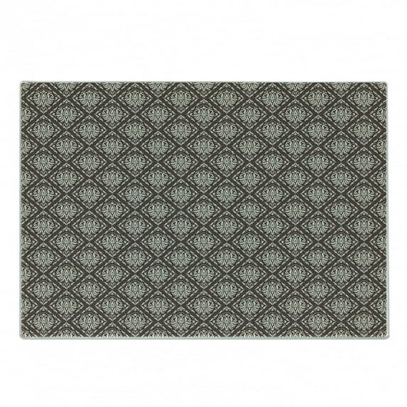 Damask Cutting Board, Antique Floral Tiles with Baroque Curls Classical Nostalgic Mosaic Design, Decorative Tempered Glass Cutting and Serving Board, in 3 Sizes, by Ambesonne
