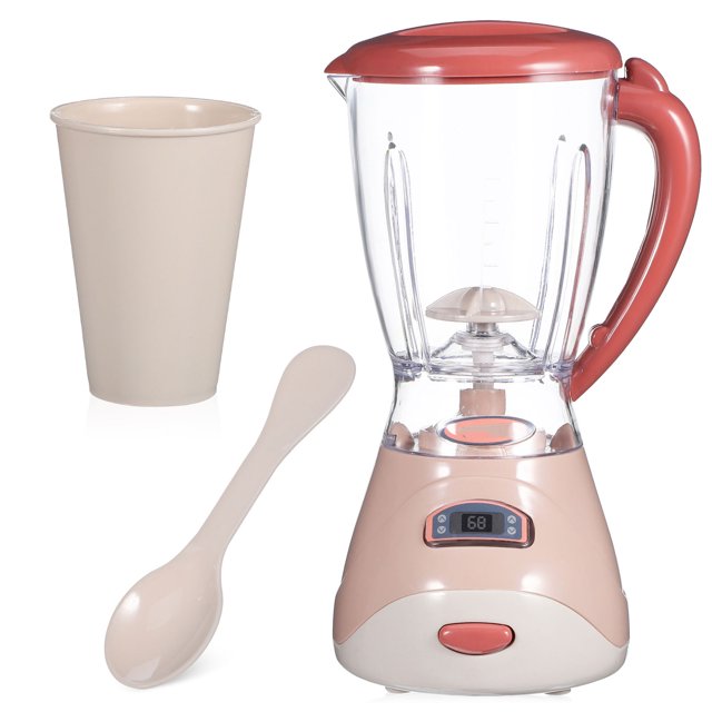 licuadora de juguete para niños, juego de cocina de juguete para niños, exprimidor de juguete, casa de muñecas de juguete, accesorios de cocina de juguete para niños Licuadora de juguete transparente con base rosada y tapa y mango salmón; jarra plástica con marcas de medida, botón frontal y simulación de cuchillas; incluye vaso y cuchara crema, vista frontal centrada sobre fondo blanco, adecuada para juego de simulación en cocinitas y manos pequeñas.