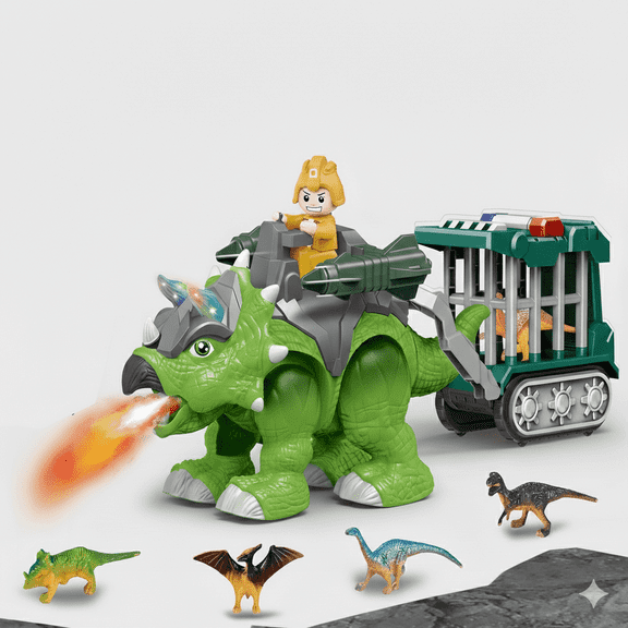 ANTIC DUCK Dinosaur Toys for Boys Girls, Light-Up Triceratops Toy with Steam Spray, Transport Truck with Cage, Mini Dinosaurs & Action Figure, Preschool Sensory Learning Toys Toddler Birthday Gifts