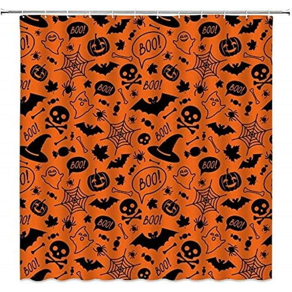 Halloween Shower Curtains Black Pumpkin Head Ghost Horror Skull Spider Web Candy Bat Orange Maple Leaf Cartoon Happy Party Bathroom Curtains Decor Fabric 70x70 Inches with Hooks