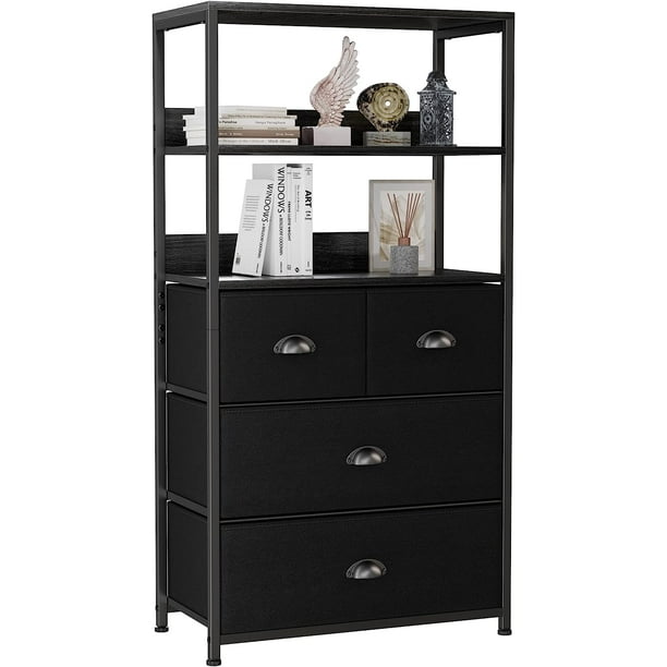 Vertical 4 Drawer Dresser Organizer with 3Tiers Wood Shelf Tall Fabric