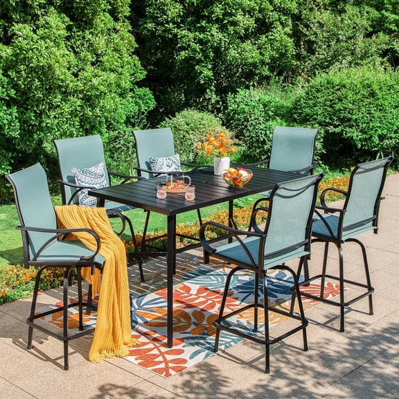 SUMMIT LIVING Outdoor Swivel Bar Stool Dining Set of 7, 6 Metal Patio Counter Height Textilene Chairs and 1 Metal Bar Table, Black & Aqua