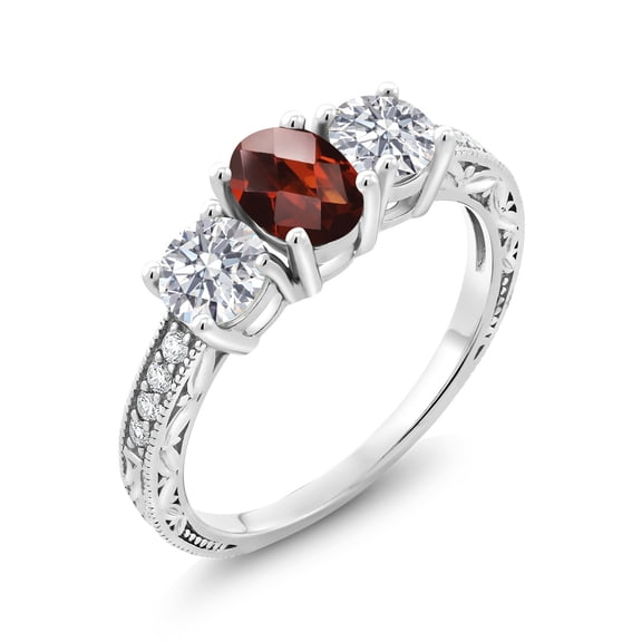 Gem Stone King 10K White Gold Red Garnet and Lab Grown Diamond Engagement Ring for Women | 2.12 Cttw | Oval Checkerboard 7X5MM | Gemstone January Birthstone | Size 5